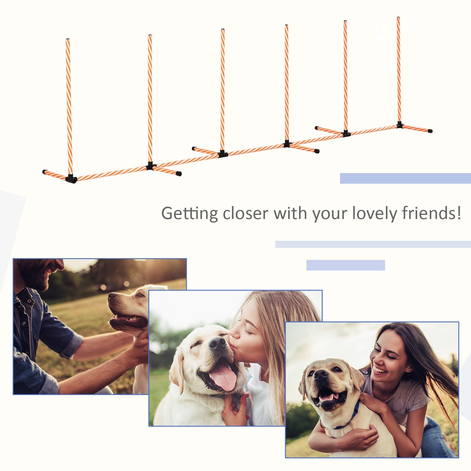 Set of five collapsible pawhut dog agility weave poles with twisted orange beige rope and black plastic connectors for training