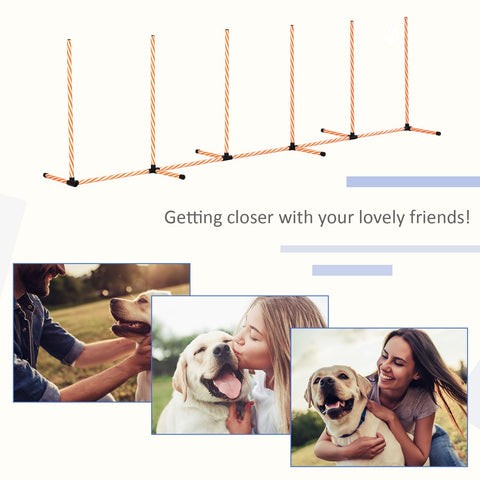 Set of five collapsible pawhut dog agility weave poles with twisted orange beige rope and black plastic connectors for training