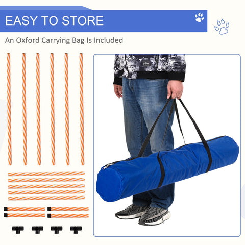 Blue oxford carrying bag with black straps for pawhut dog agility equipment including 6 weave poles and whistle storage