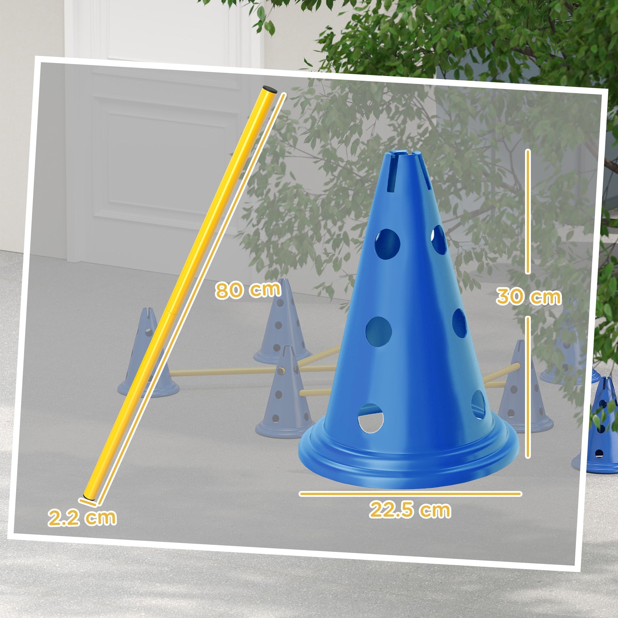 Blue plastic training cone with circular holes and flared base from pawhut dog agility set with eight cones eight poles for easy transport