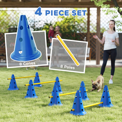 Blue plastic dog agility cones with black holes and white logo from pawhut set with eight cones and easy transport bag