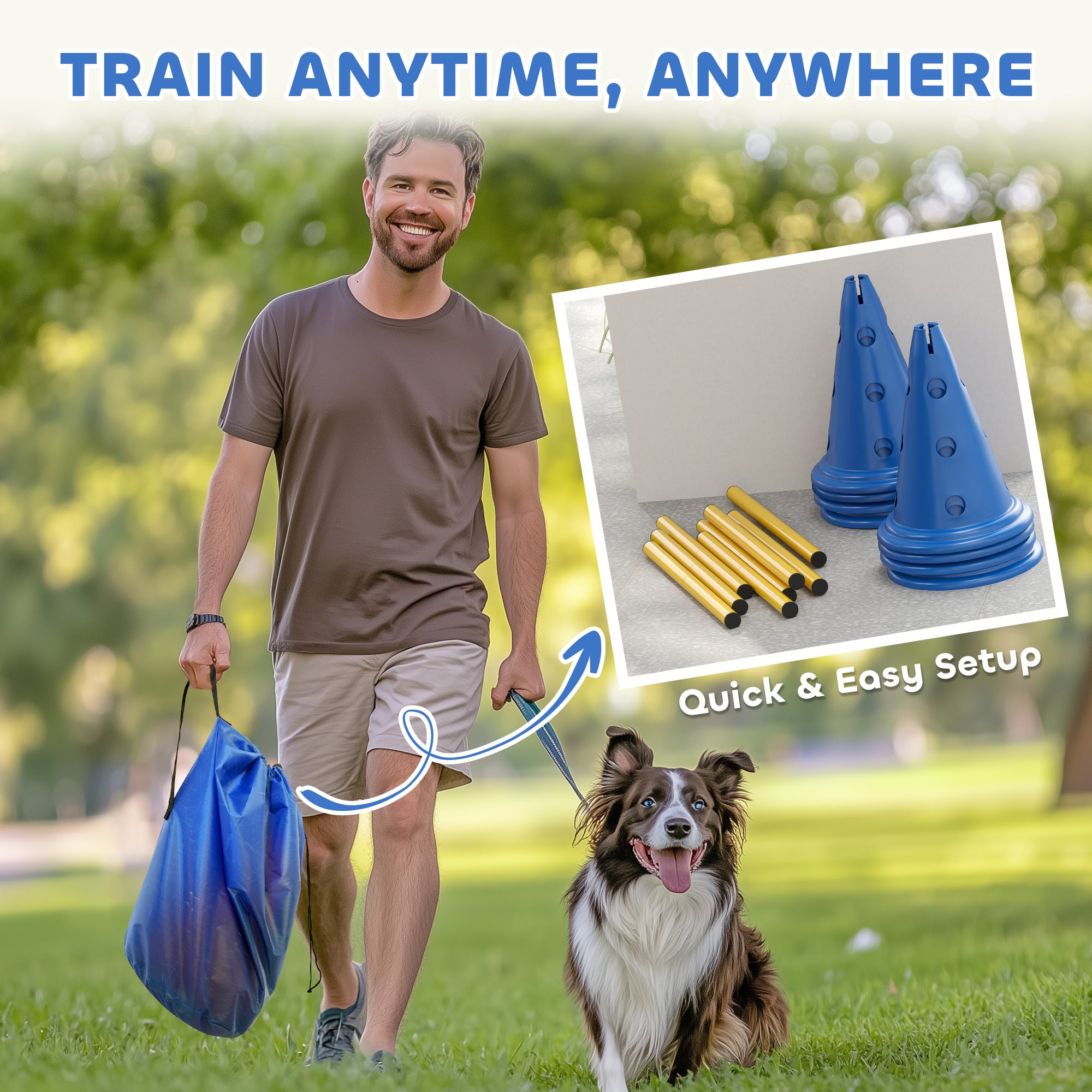 Blue pawhut dog agility set with eight plastic cones and eight gold poles for easy transport and quick setup