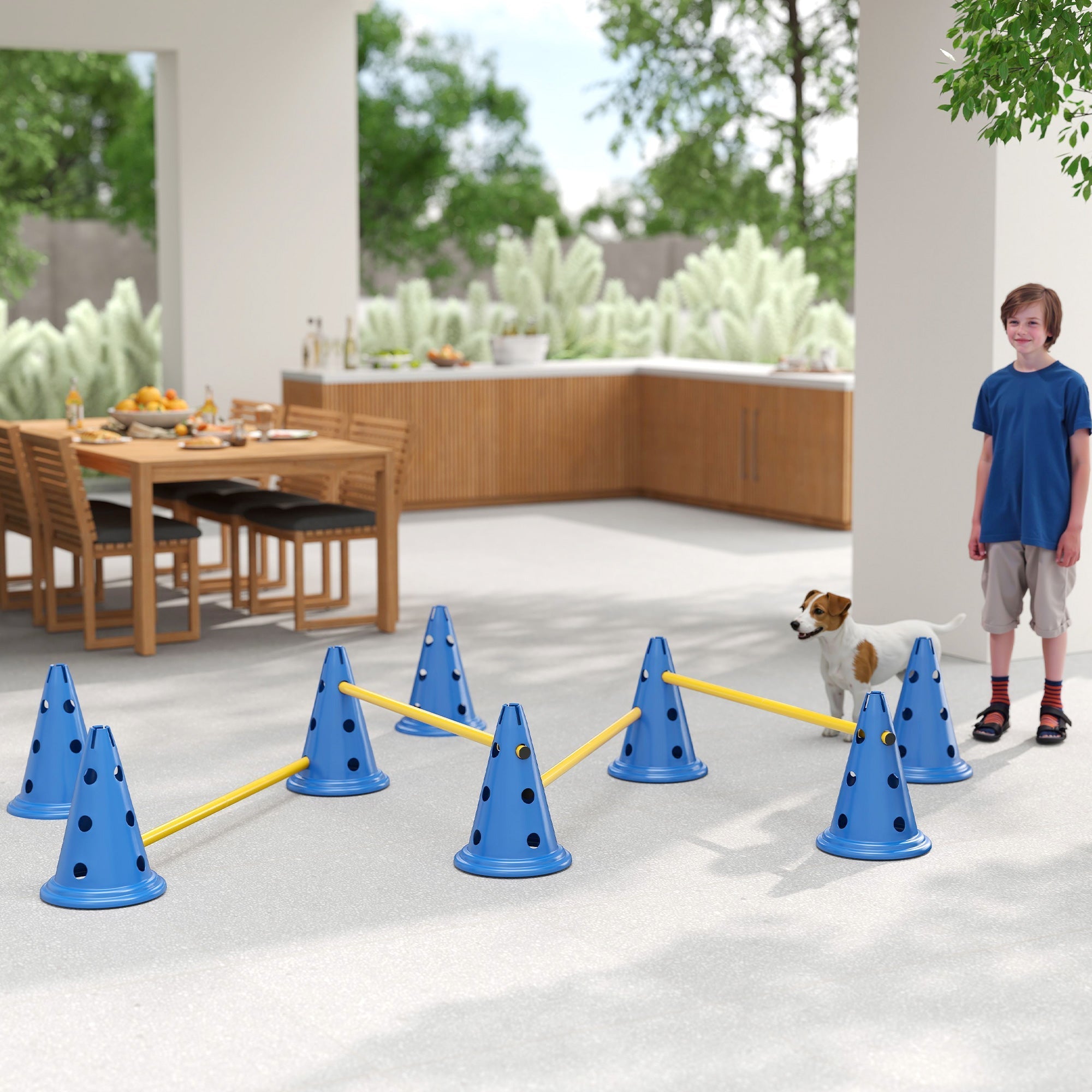 Blue PawHut dog agility set with eight cones, eight poles, and yellow poles for easy transport and training fun