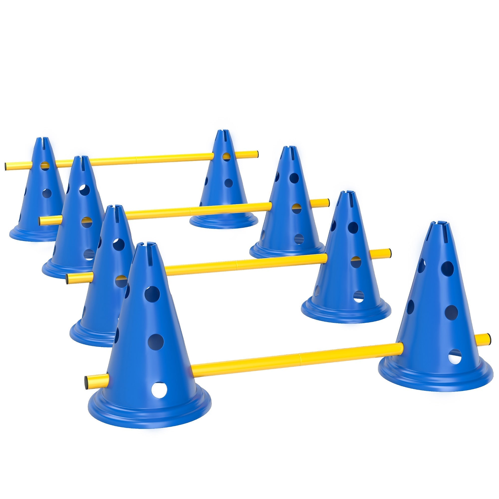Blue pawhut dog agility equipment with eight cones and yellow poles featuring adjustable height and easy transport bag