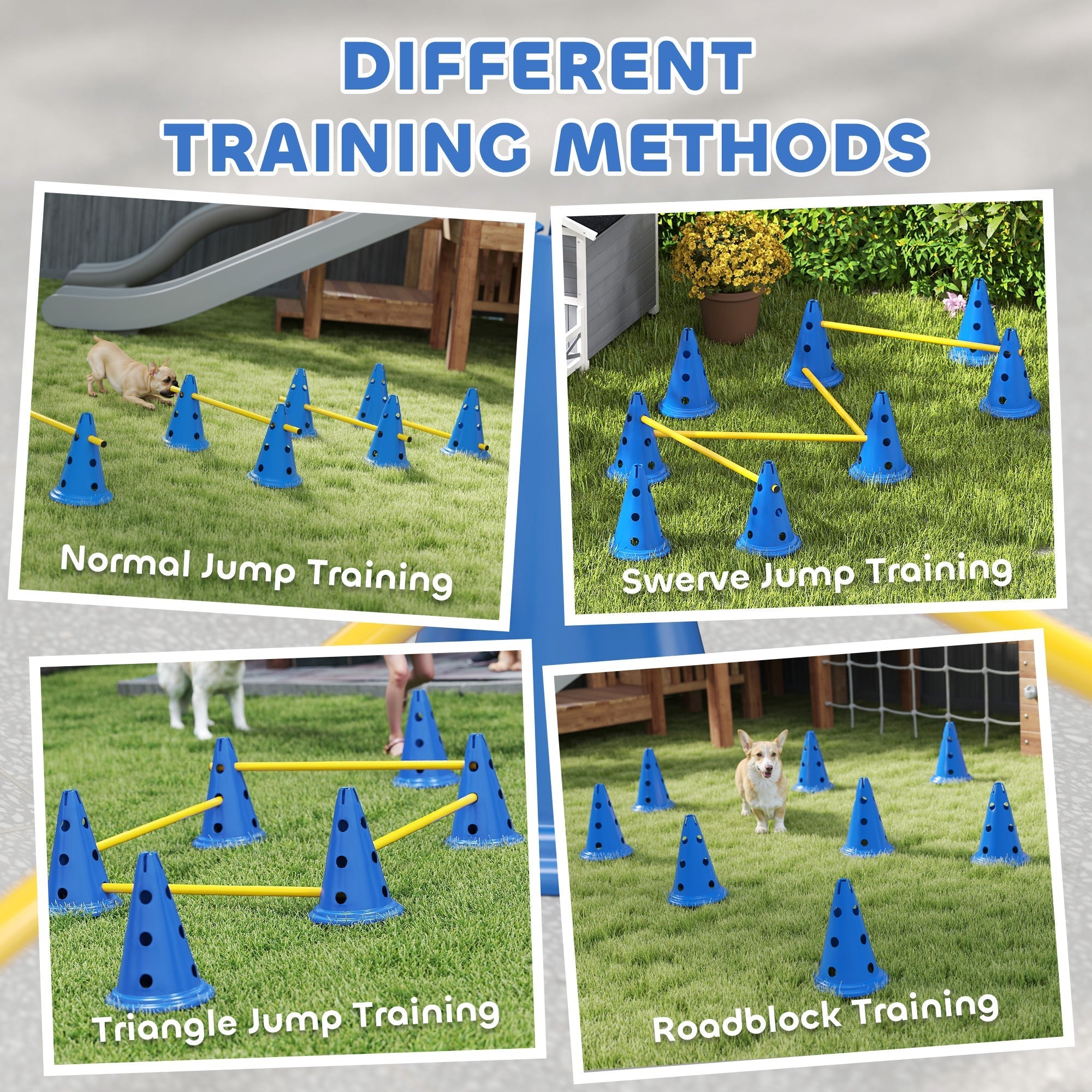 Blue plastic pawhut dog agility set with eight cones and eight poles for easy transport and training use