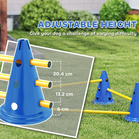 Blue plastic dog agility cone with adjustable height slots from pawhut set of eight cones for easy transport and training
