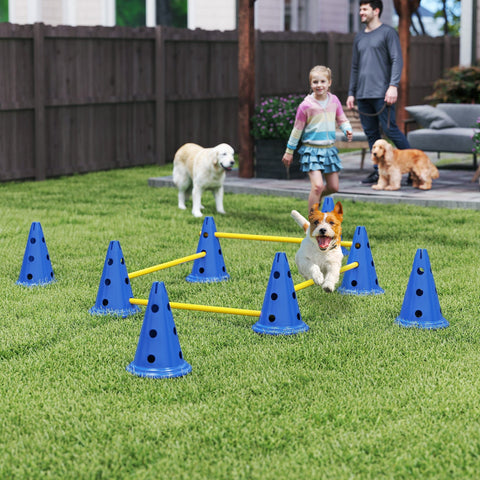 Blue plastic dog agility cones with black dots from pawhut set featuring eight cones and eight poles for easy transport