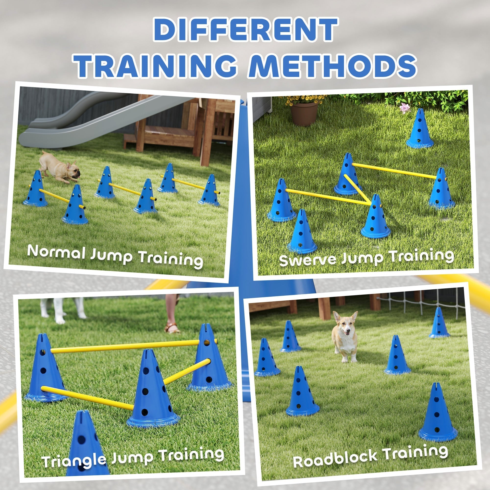 Blue plastic six cones with black holes for easy transport in pawhut three adjustable dog agility training set