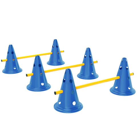 Blue pawhut dog agility set with six cones and three adjustable yellow poles for easy transport and training