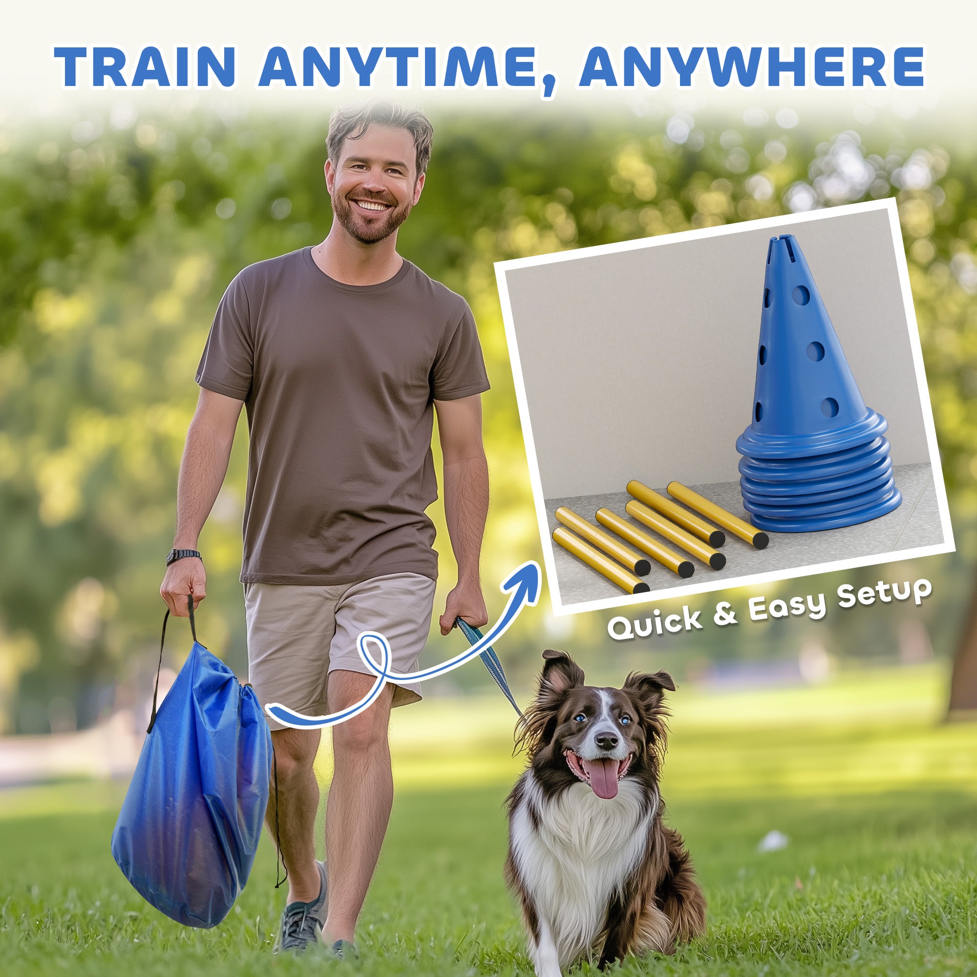 Pawhut dog agility set with six blue plastic cones and three adjustable gold poles for easy transport and training