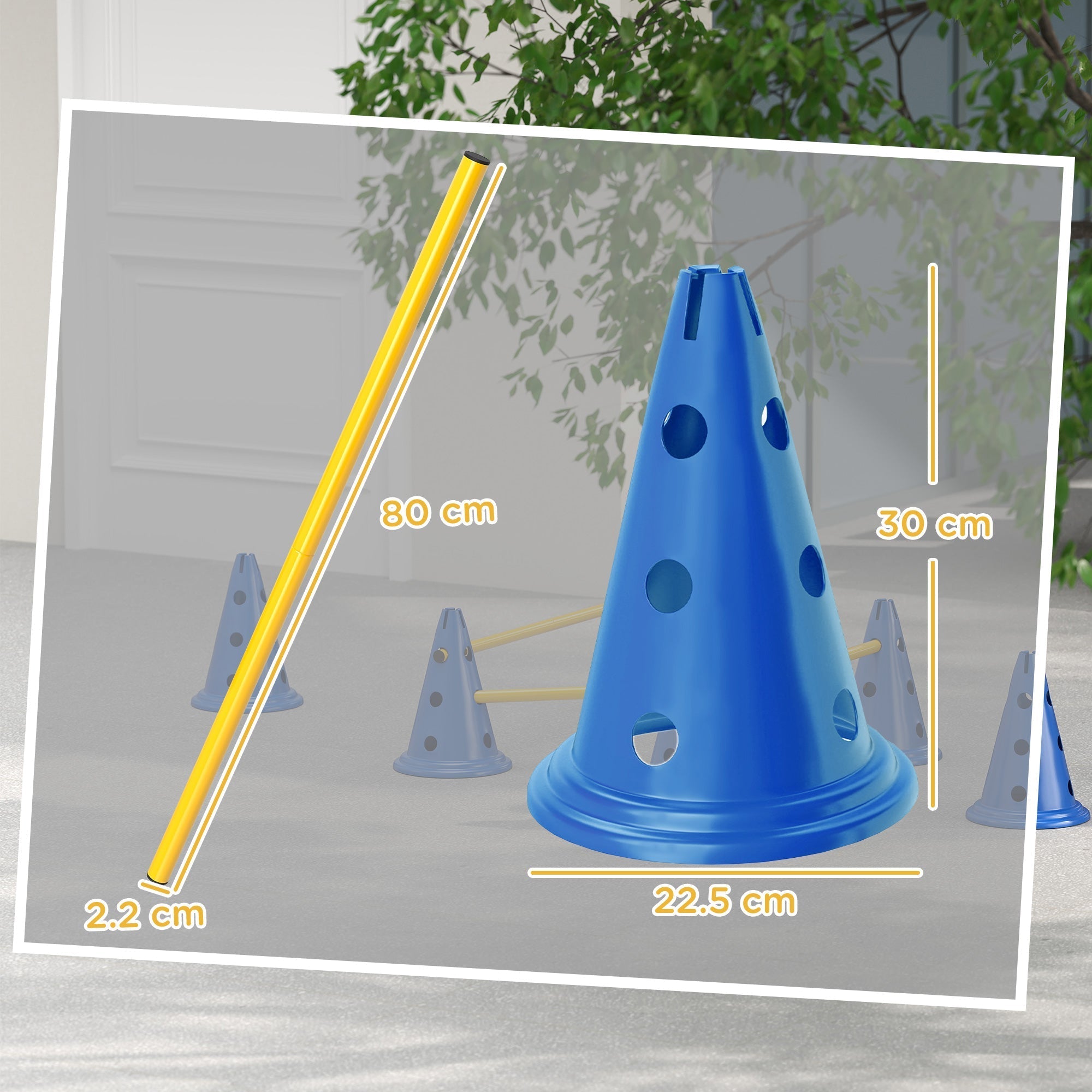 Blue plastic cone with circular holes and flared base part of pawhut six cones dog agility set for easy transport and three adjustable jumps