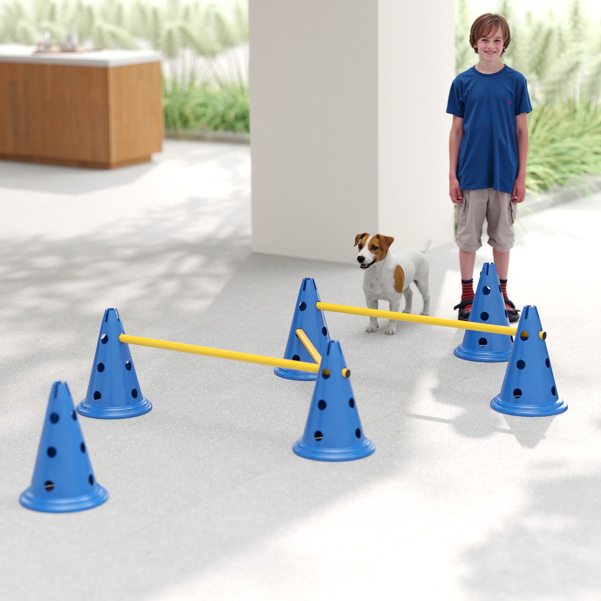 Blue plastic pawhut dog agility six cones with black dots and yellow pole for three adjustable jumping obstacles easy transport