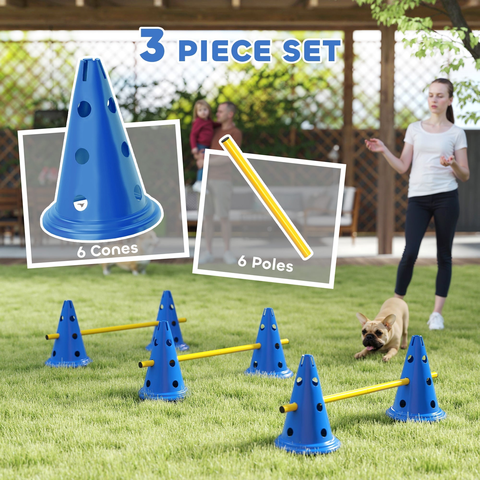 Blue pawhut dog agility six cones with circular holes and three adjustable height poles for easy transport