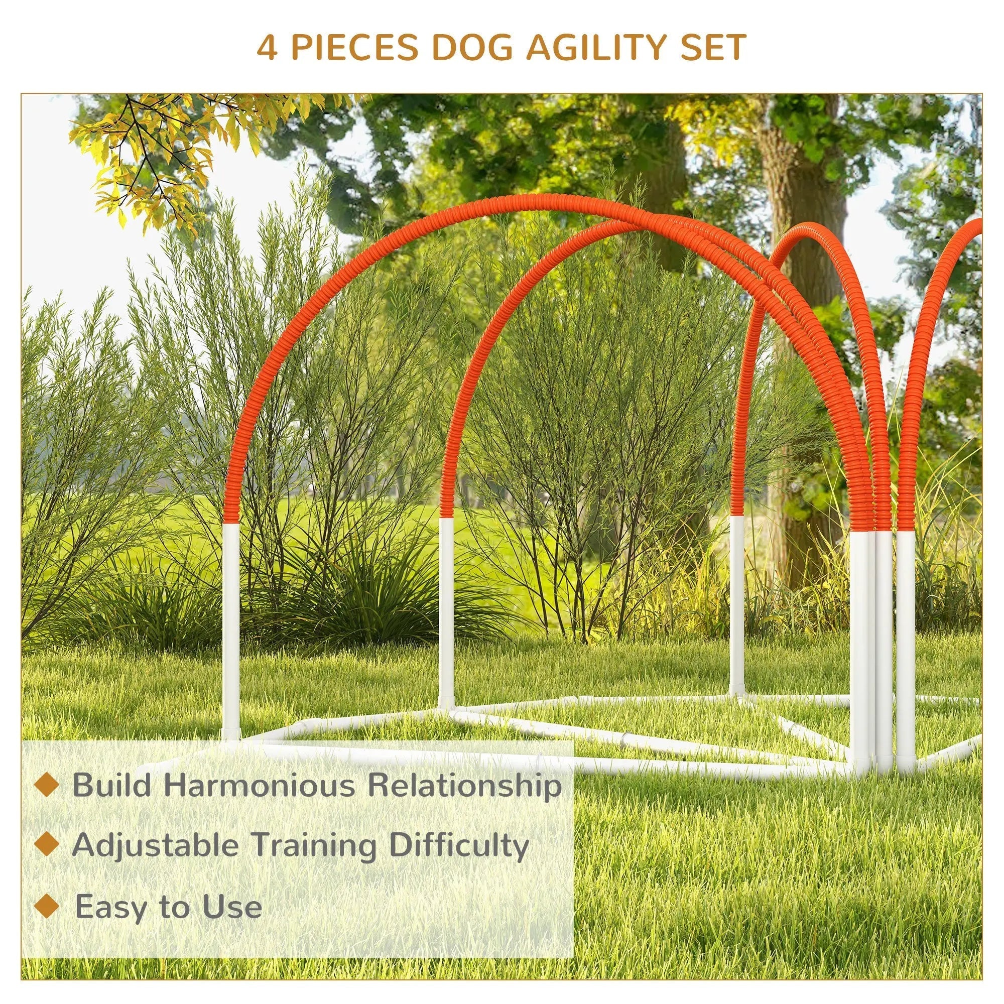 Set of four bright orange and white dog agility hoops with oxford carry bag for easy transport and training fun