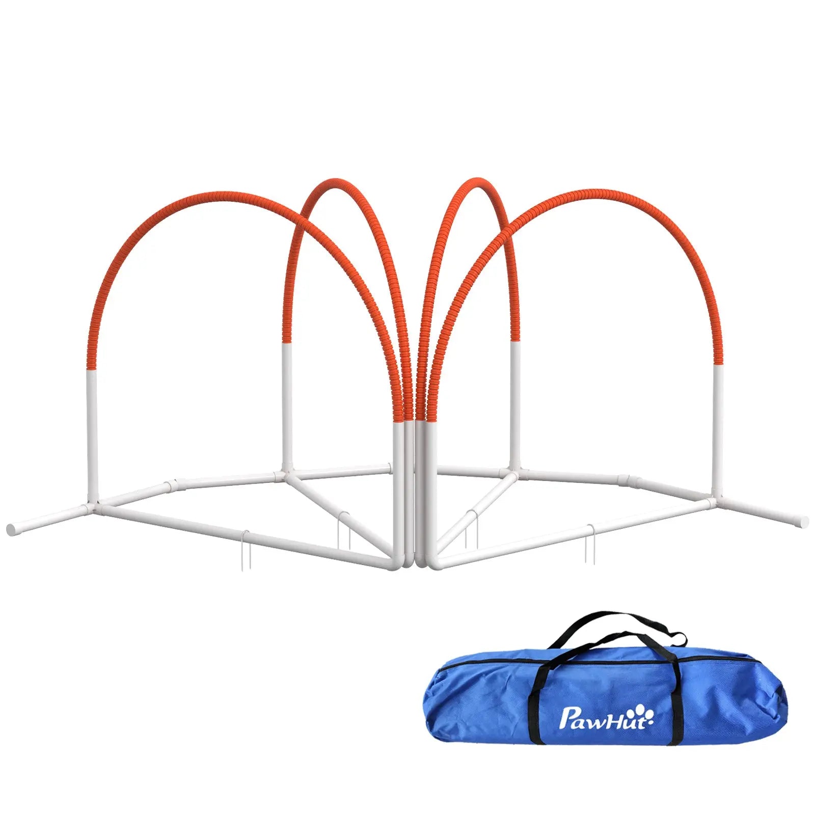 Set of four orange and white dog agility hurdles with a blue pawhut oxford carry bag for easy transport