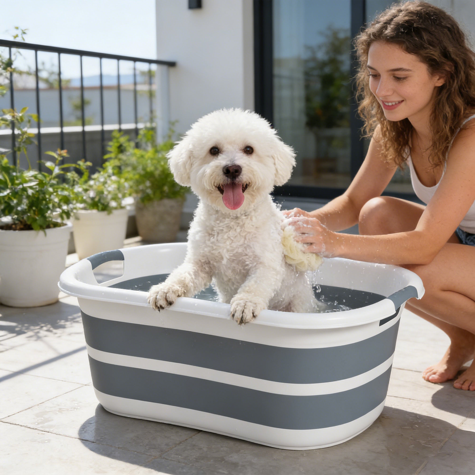 Pawhut gray and white striped foldable dog bathtub 66l x 44w with drainage hole for small dogs puppies