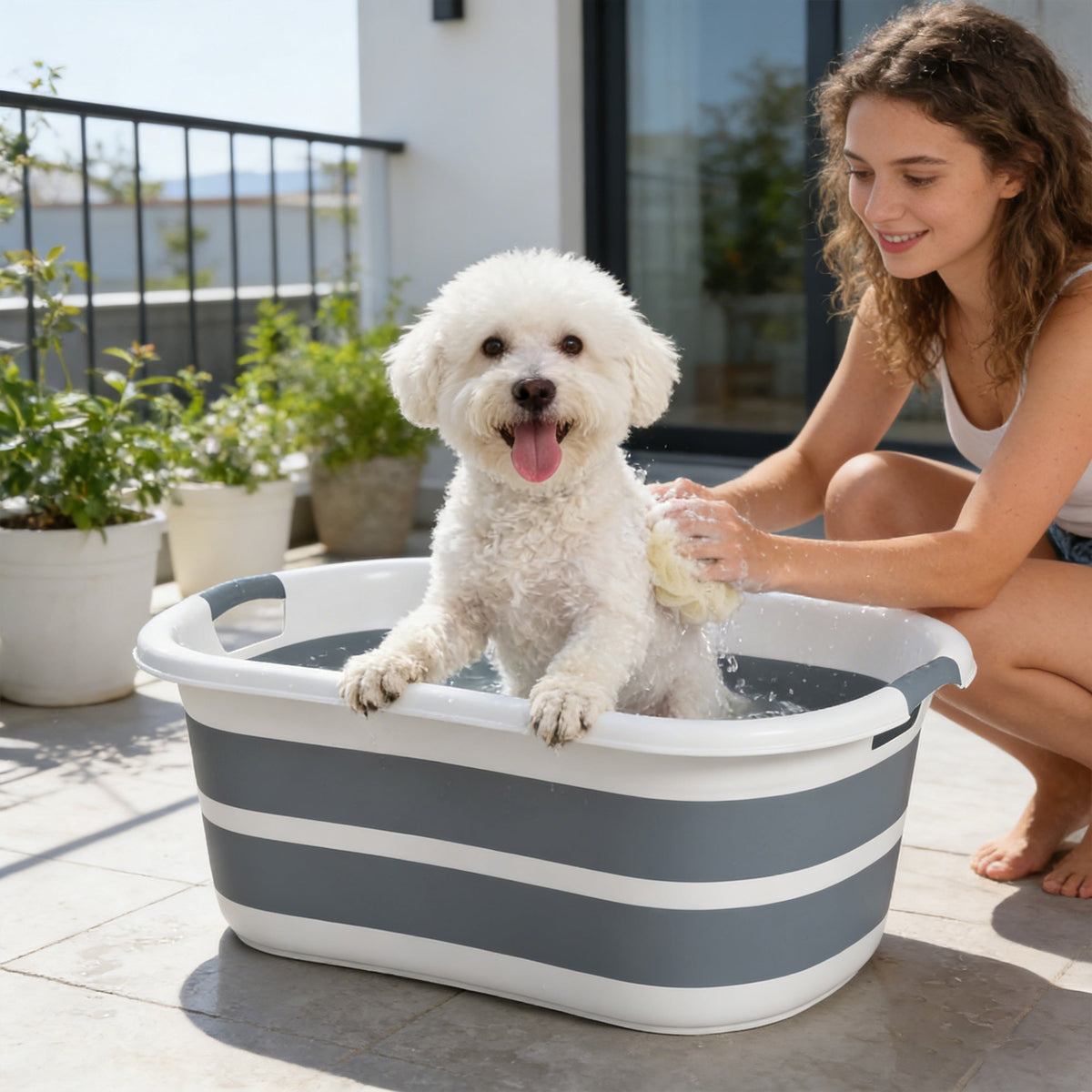 Pawhut gray and white striped foldable dog bathtub 66l x 44w with drainage hole for small dogs puppies