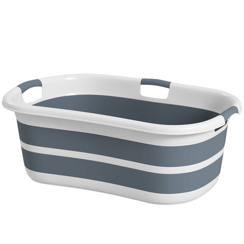 Gray and white striped collapsible laundry basket with handles next to pawhut grey dog bathtub 66l x 44w with drainage hole