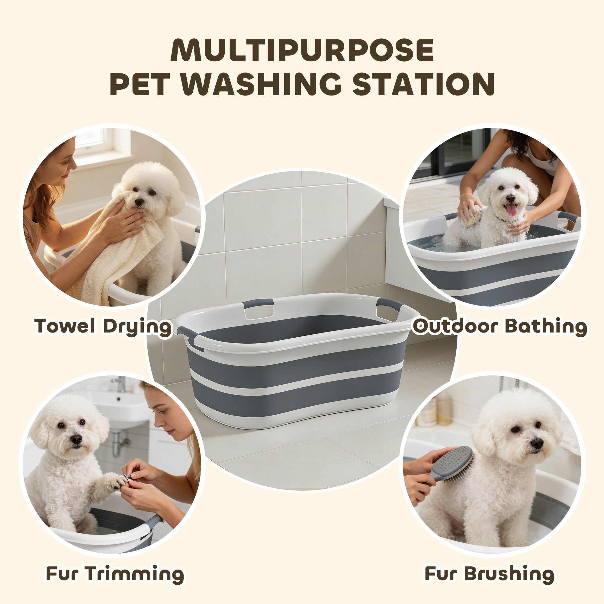 Gray and white striped pawhut dog bathtub 66l x 44w collapsible portable with drainage hole for small dogs