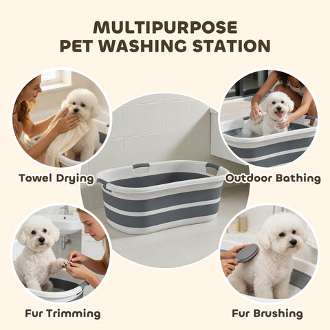 Gray and white striped pawhut dog bathtub 66l x 44w collapsible portable with drainage hole for small dogs
