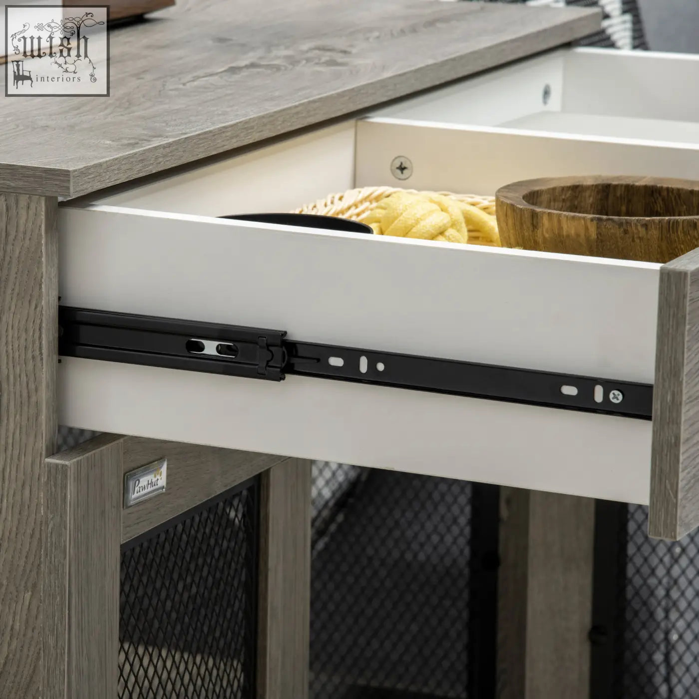 Black metal drawer slide with sleek modern design on grey pawhut dog cage end table for medium dogs