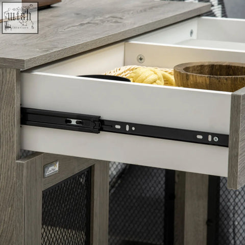 Black metal drawer slide with sleek modern design on grey pawhut dog cage end table for medium dogs