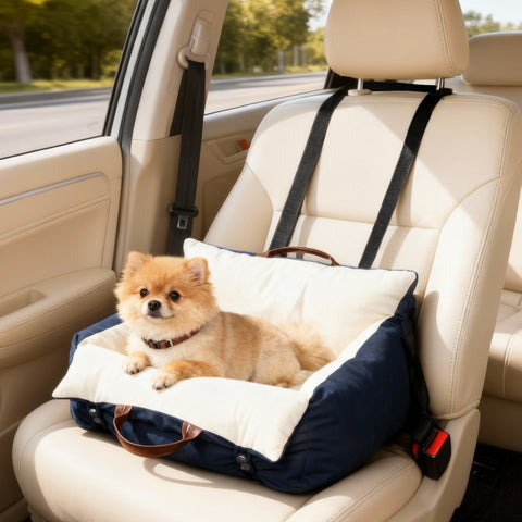 Navy blue and cream pawhut dog car seat with brown leather handles and safety belts for small pets under 5 kg