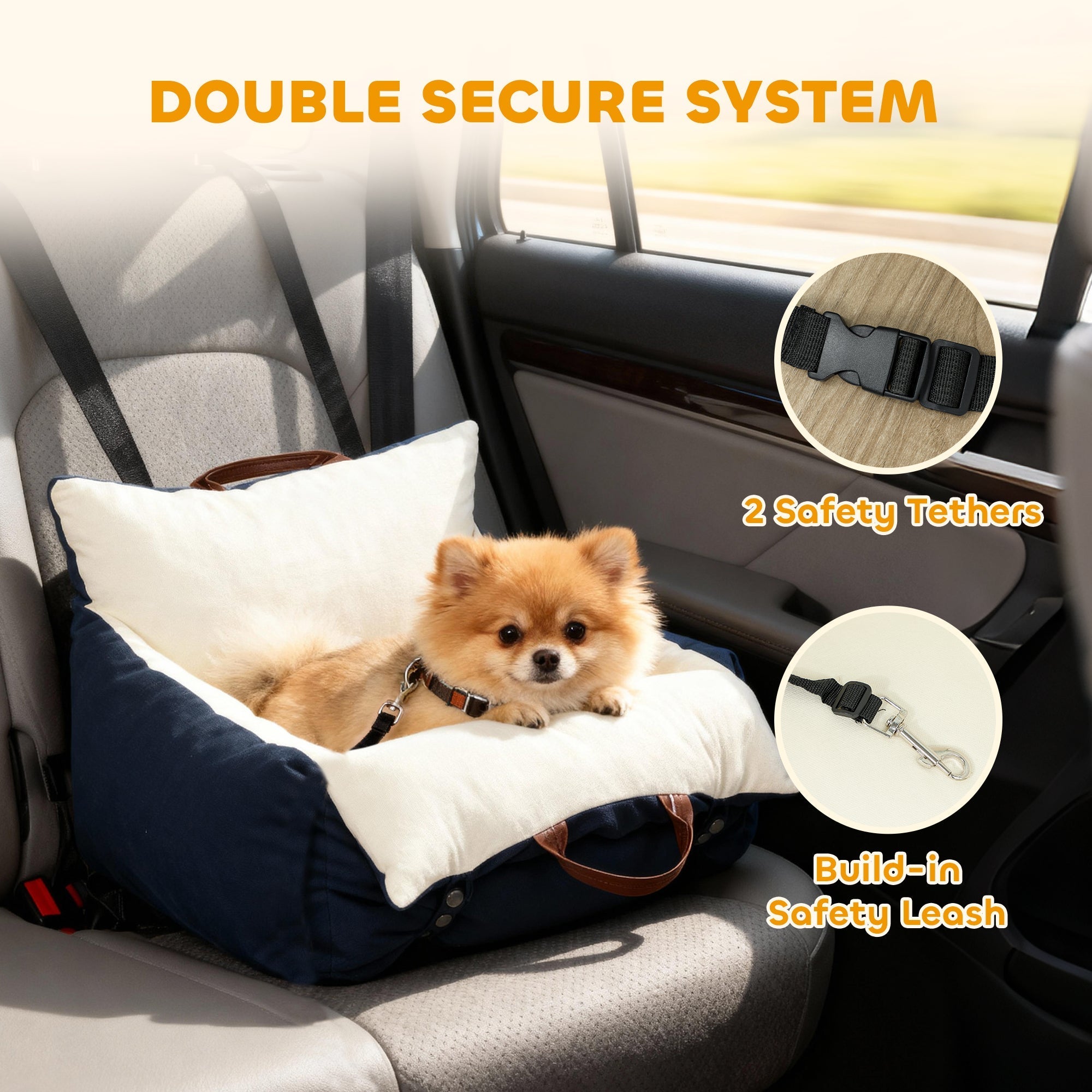 Navy blue and white plush pawhut dog car seat with built-in safety leash and double secure system for small dogs