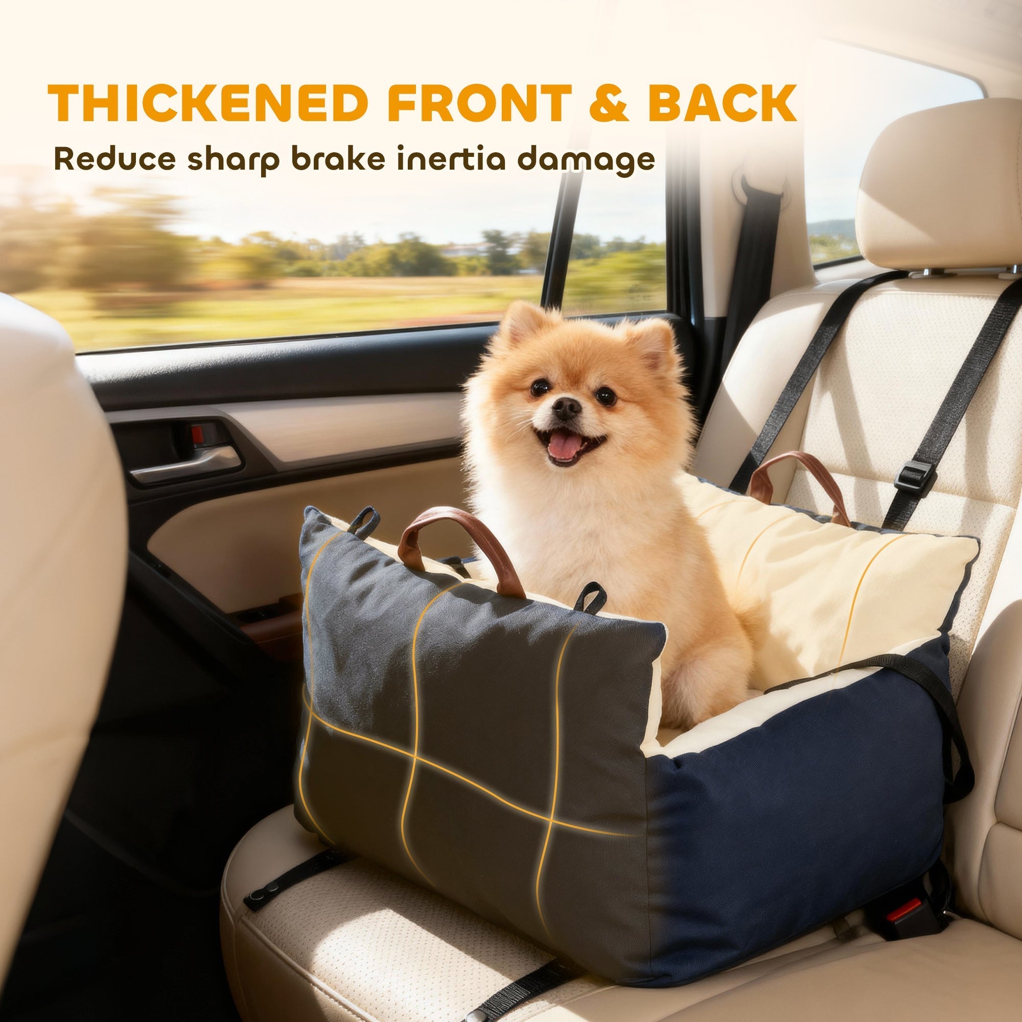 Pawhut dog car seat in blue and beige padded fabric with reinforced front and back for small pet safety in car seat