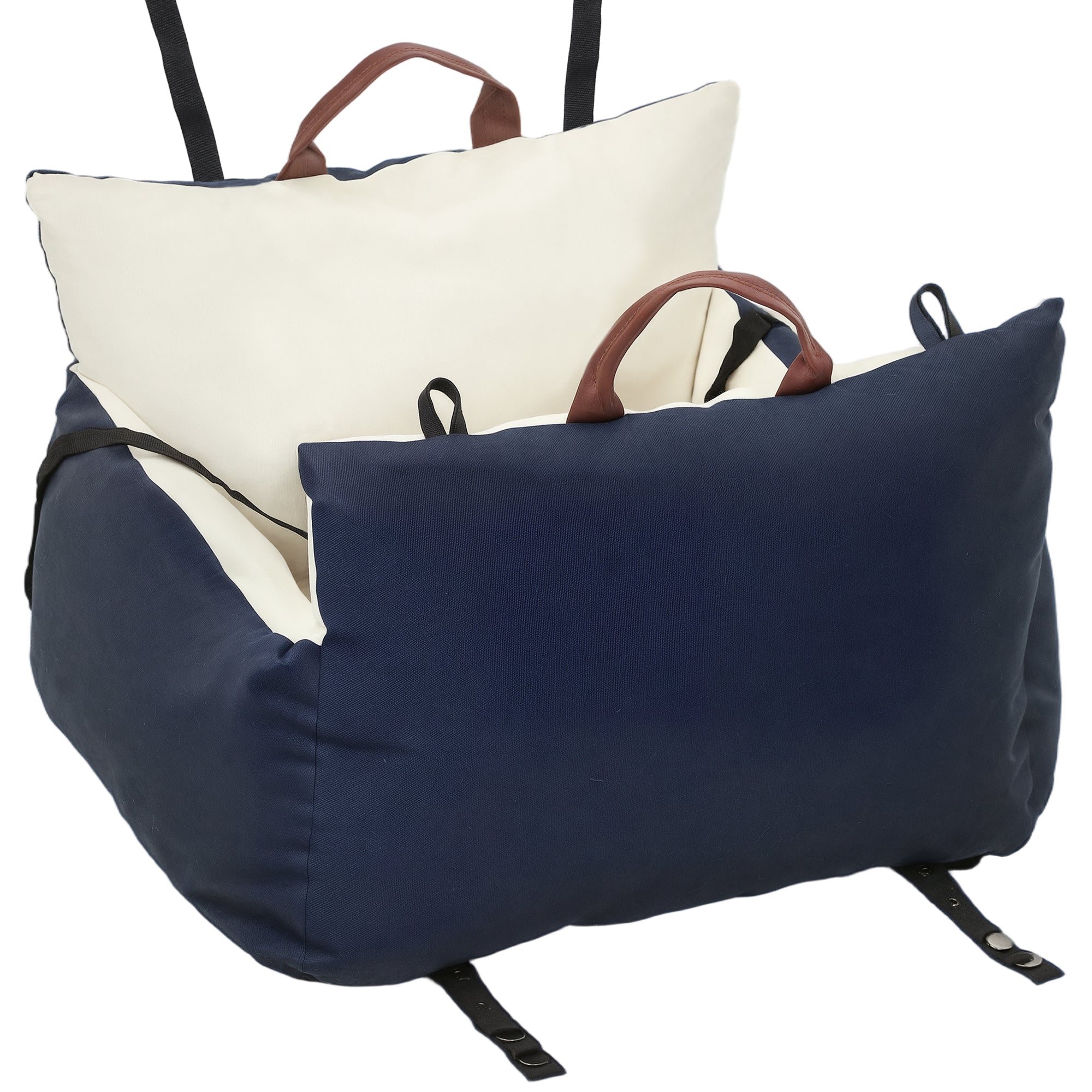 Navy blue and cream pawhut dog car seat with brown leather handles and safety belts for small pets under 5 kg
