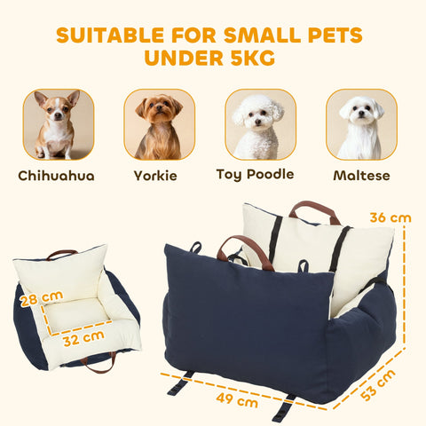 Navy blue and cream pawhut dog car seat with brown handles and safety belts perfect for small pets under 5 kg