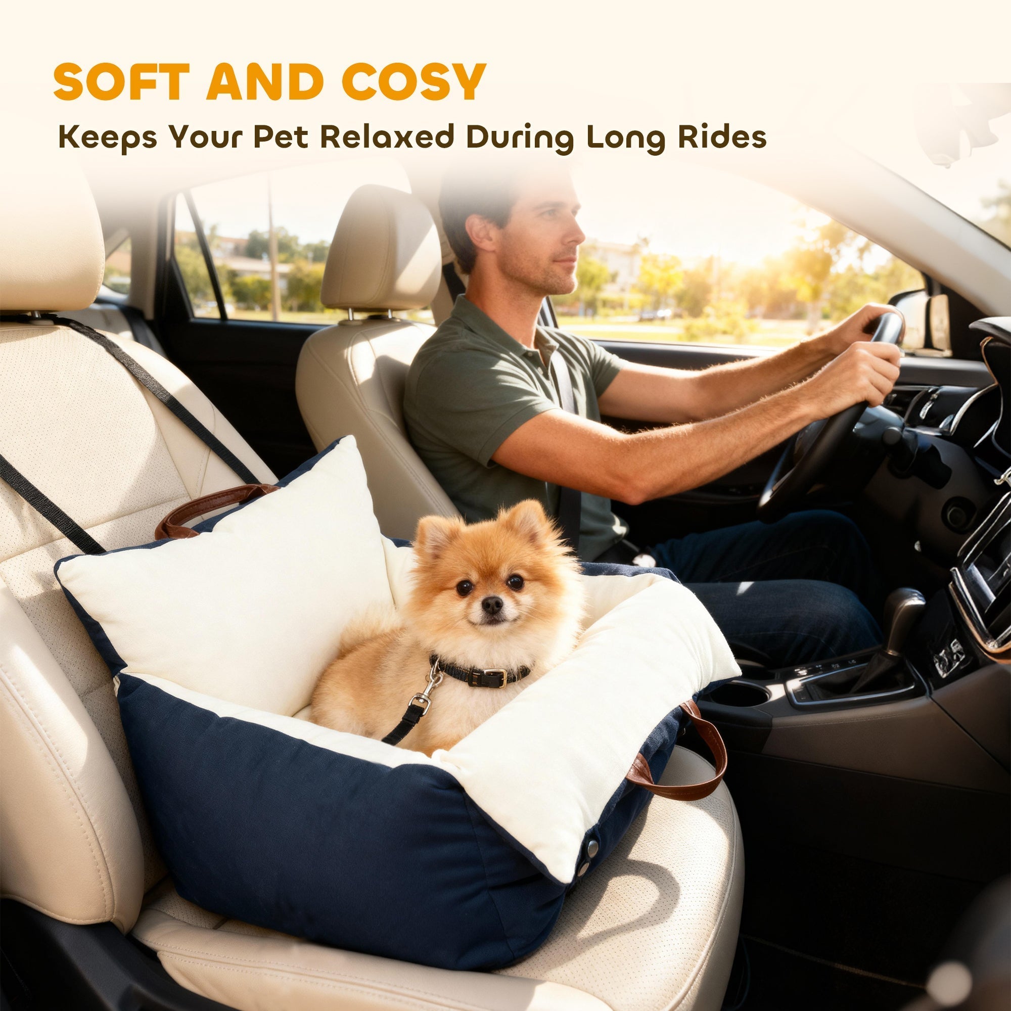 Navy blue and white plush pawhut dog car seat with soft cushioning and safety belts for comfy pet car rides under 5 kg
