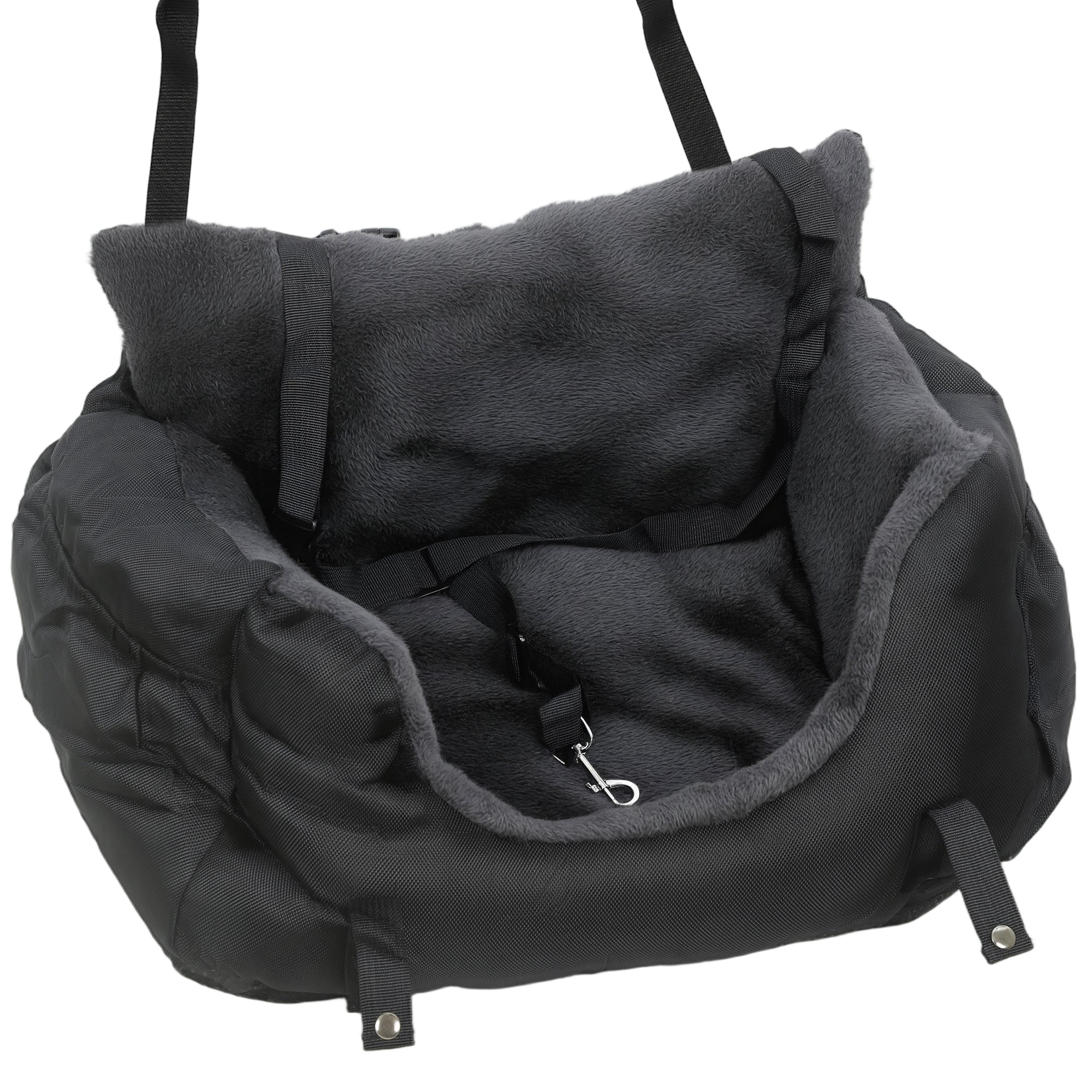 Black plush pet car seat for small dogs with soft fleece lining, adjustable straps, and washable cover by pawhut