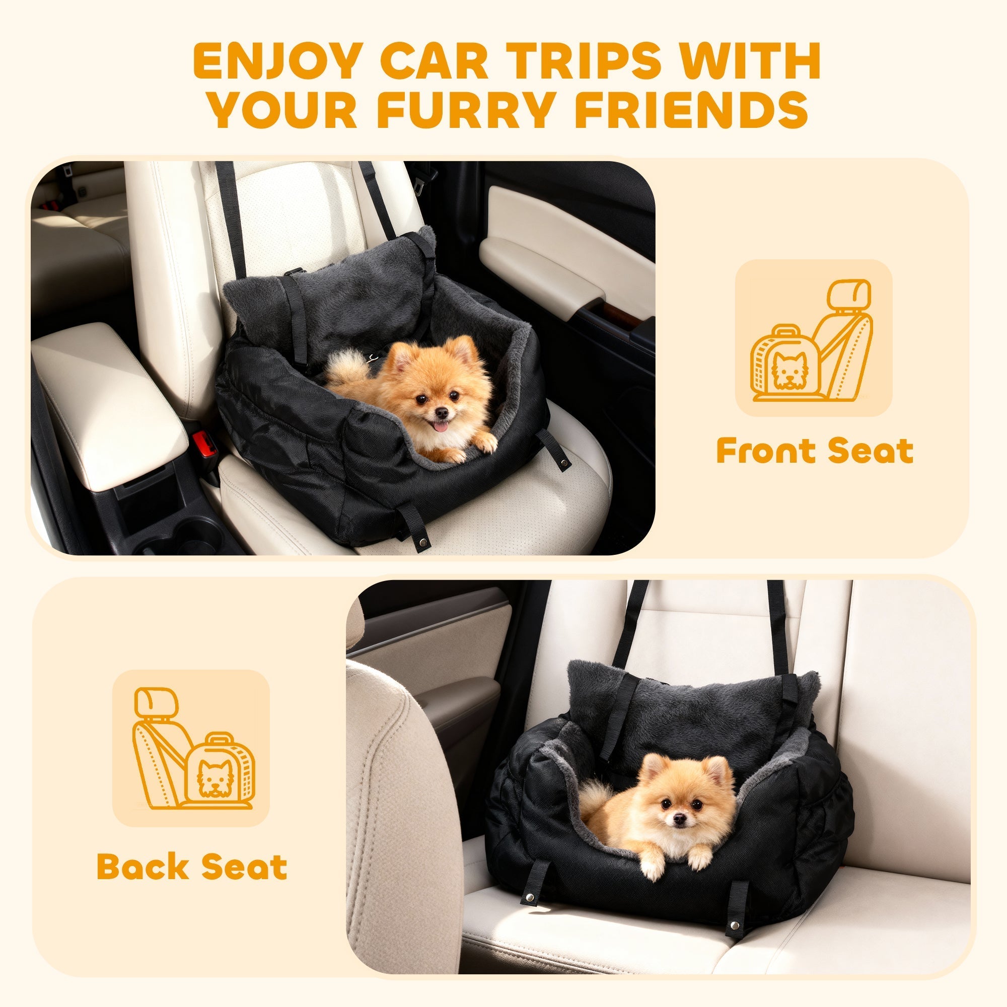 Black pawhut dog car seat for small dogs with soft plush lining, washable cover, and adjustable straps for car use