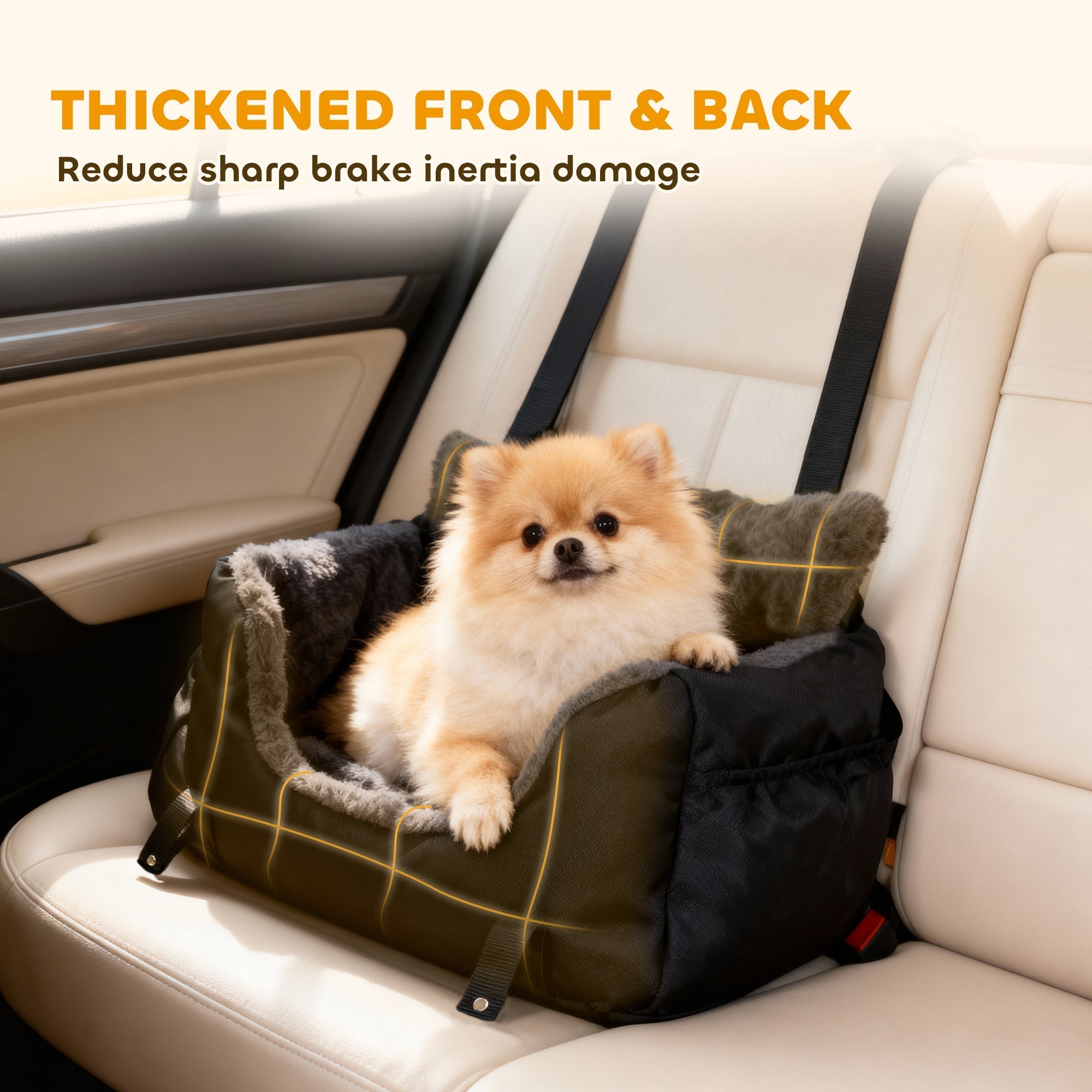 Olive green and black plaid pawhut dog car seat for small dogs with plush gray lining and washable cover