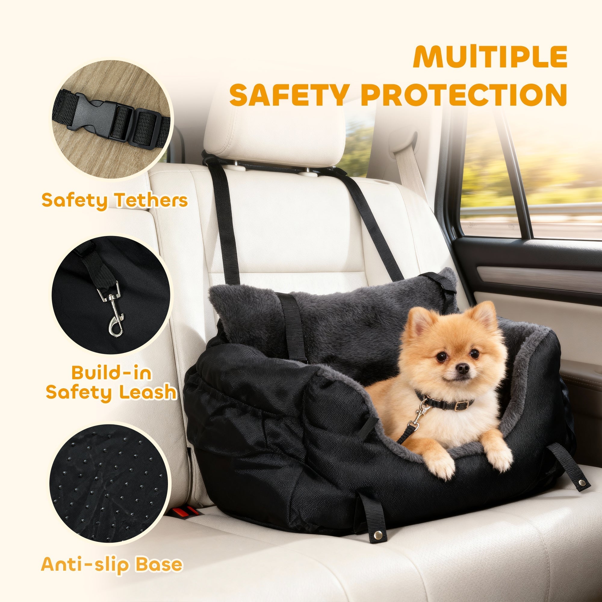 Black plush PawHut dog car seat for small dogs with safety leash safety tethers and washable cover
