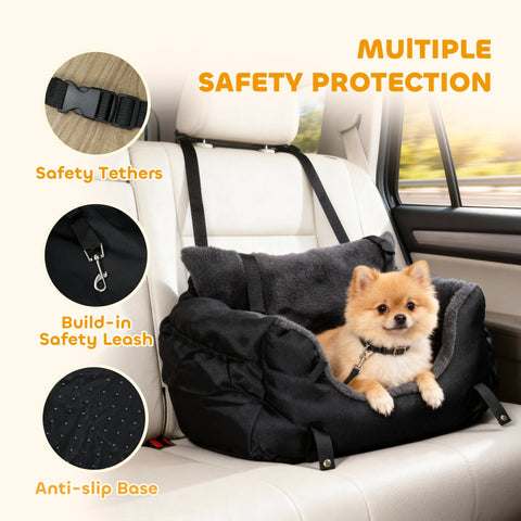 Black plush PawHut dog car seat for small dogs with safety leash safety tethers and washable cover