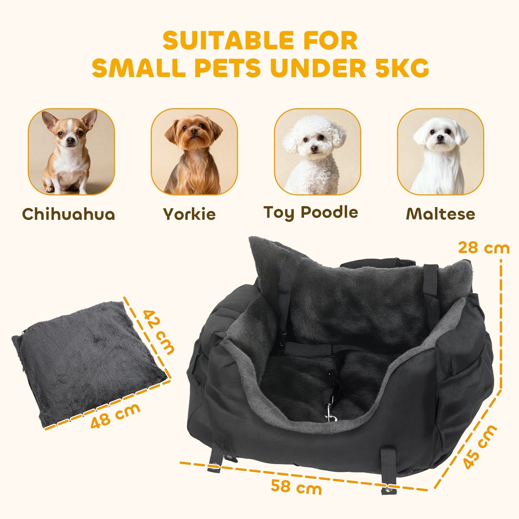 Black plush pawhut dog car seat for small dogs with gray lining, adjustable straps, and washable cover