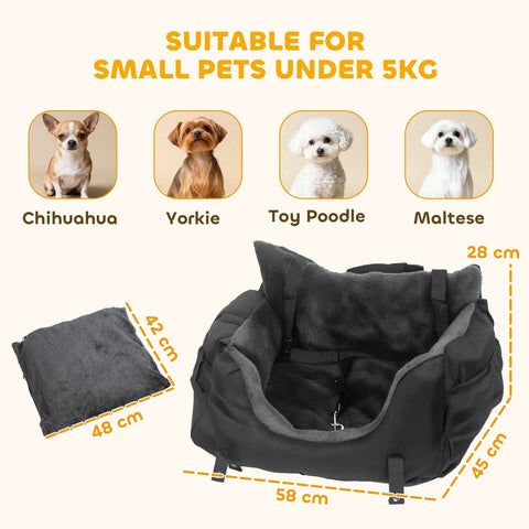 Black plush pawhut dog car seat for small dogs with gray lining, adjustable straps, and washable cover