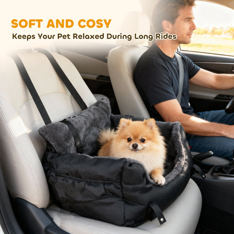 Black plush pawhut dog car seat for small dogs with soft gray lining adjustable straps and washable cover