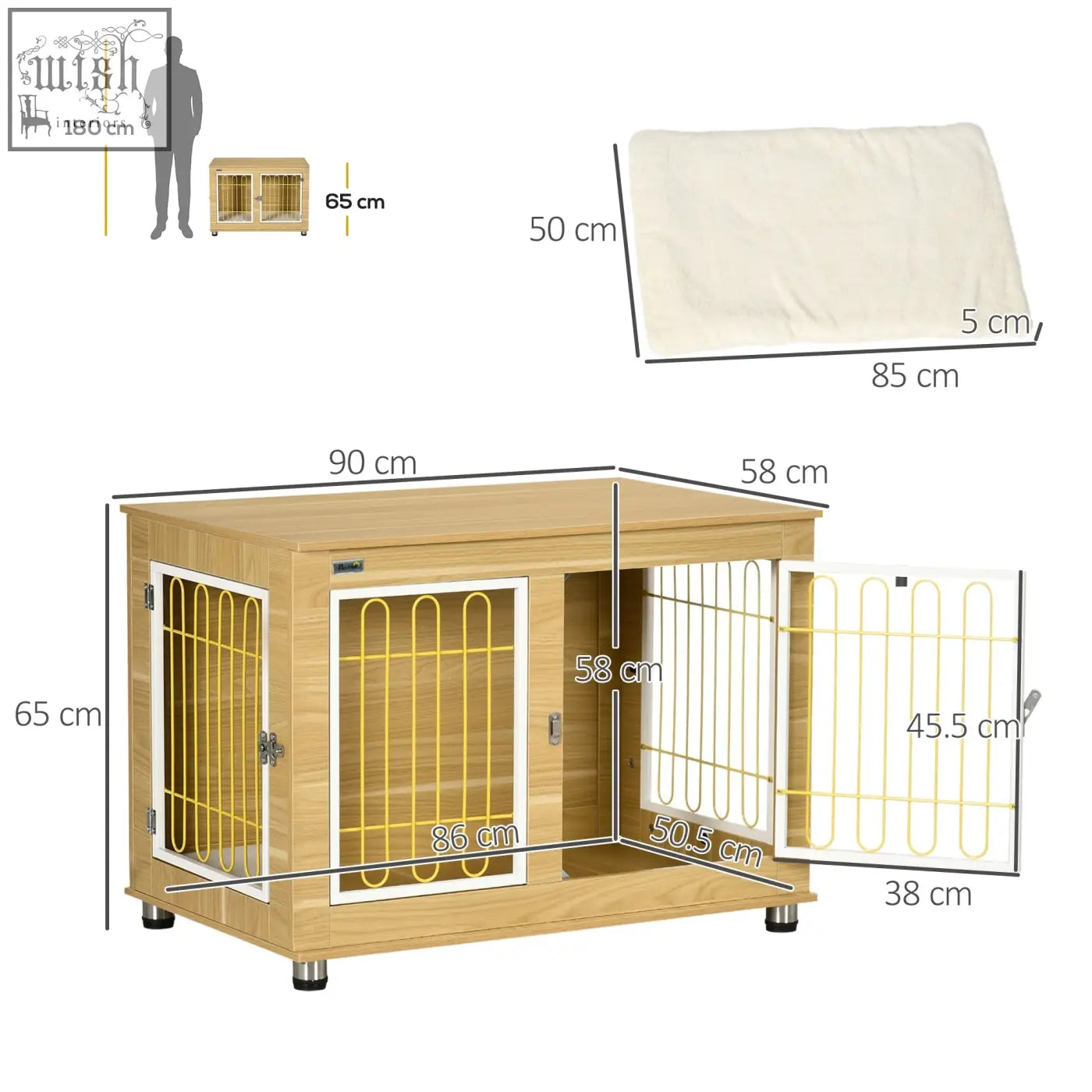 Light wood finish pawhut dog crate with yellow metal doors and matching oak tone cushion for pets and furniture use