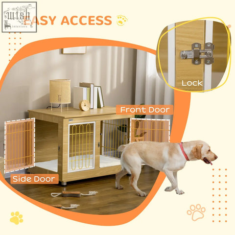 Light wood pawhut dog crate with metal grid doors lock mechanism and soft cushion oak tone end table design