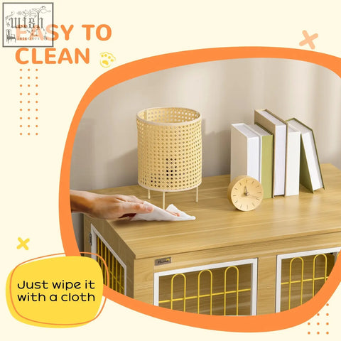 Light beige woven rattan lamp with cylindrical shape and slender legs for pawhut dog crate furniture oak tone