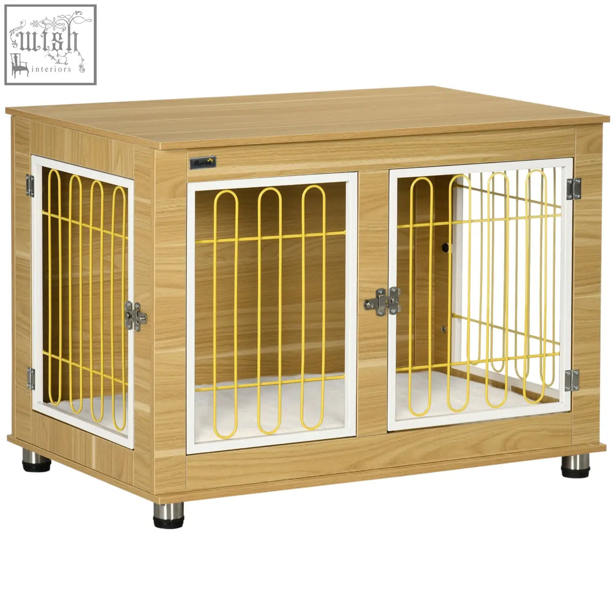 Pawhut dog crate furniture with light wood finish double doors yellow wire mesh and soft cushion oak tone