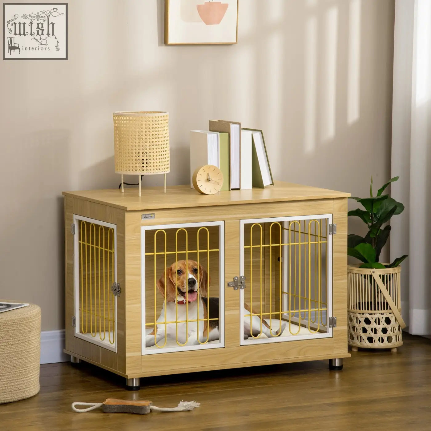 Pawhut dog crate furniture in oak tone with light wood frame yellow wire mesh doors and a beagle inside with soft cushion