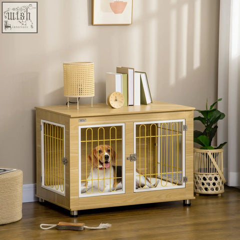 Pawhut dog crate furniture in oak tone with light wood frame yellow wire mesh doors and a beagle inside with soft cushion