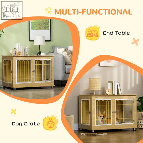 Pawhut dog crate furniture with light wood finish, yellow metal bars, glass panels, soft cushion, and double doors oak tone