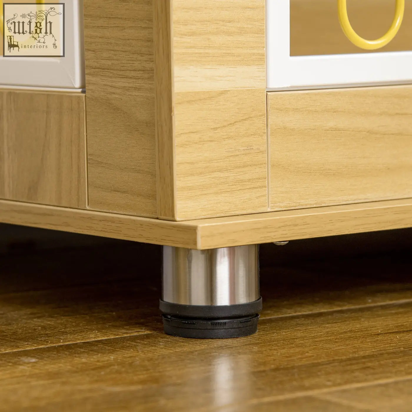 Stainless steel cabinet leg with black rubber base on pawhut dog crate oak tone dog cage end table