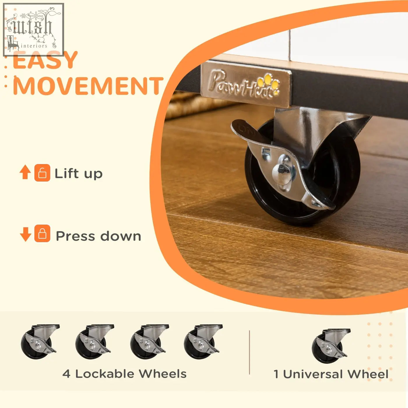 Black rubber-capped chrome lockable caster wheel with pawhut brand plate for pawhut dog crate furniture white