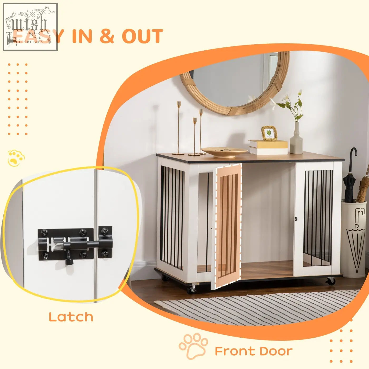 White and black pawhut dog crate with lockable front door vertical slats on sides wheels for medium dogs